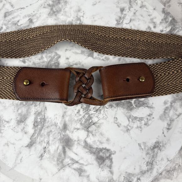 Fossil Womens Brown Tan Herringbone‎ Woven Wide Belt Brown Leather Buckle Size L main image 5